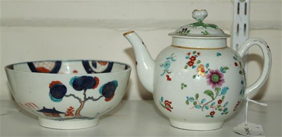 A Worcester polychrome teapot and cover, probably decorated in the atelier of James Giles, teapot damaged (3)